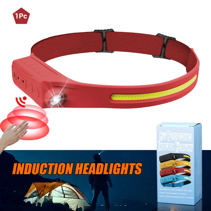 USB Rechargeable LED COB Headlamp | 5-Mode Waterproof Sensor Head Flashlight