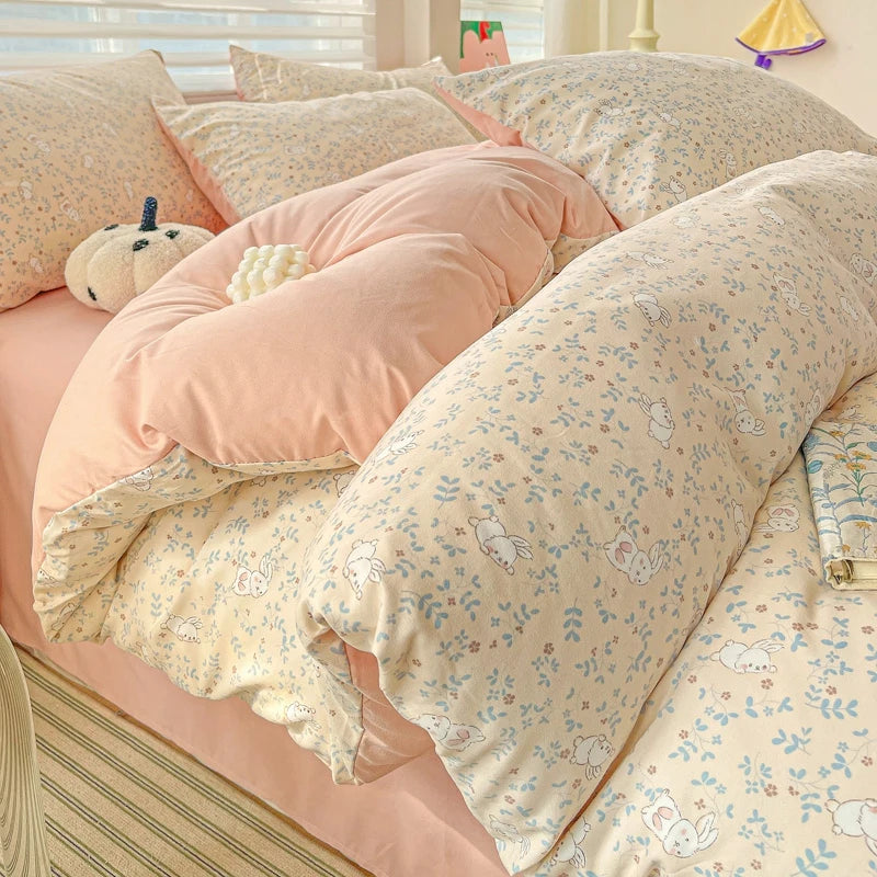 Washed Cotton Korean Floral Duvet Cover | Skin-Friendly Double Yarn Quilt Bedding