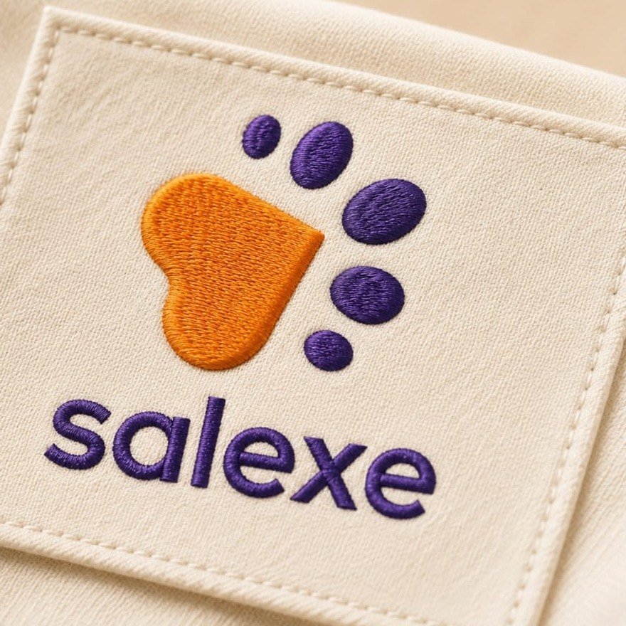 Embroidered Salexe label with the paw-and-heart logo