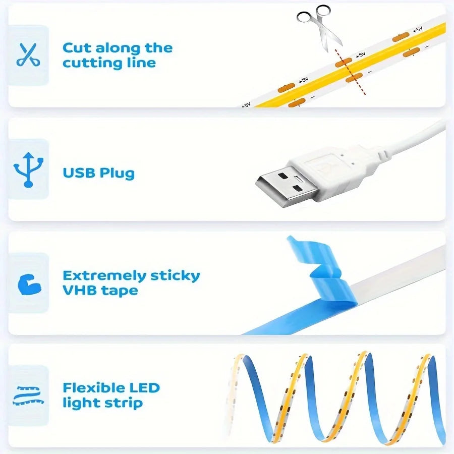 USB LED COB Light Strip with Touch Dimmer | Flexible Indoor TV & Wall Backlight