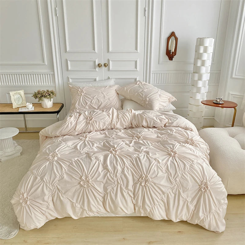 3D Twist Flower Pinch Pleated Bedding Set | Luxury Duvet Cover Queen & Double Size