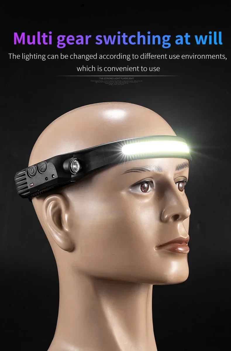 USB Rechargeable LED COB Headlamp | 5-Mode Waterproof Sensor Head Flashlight