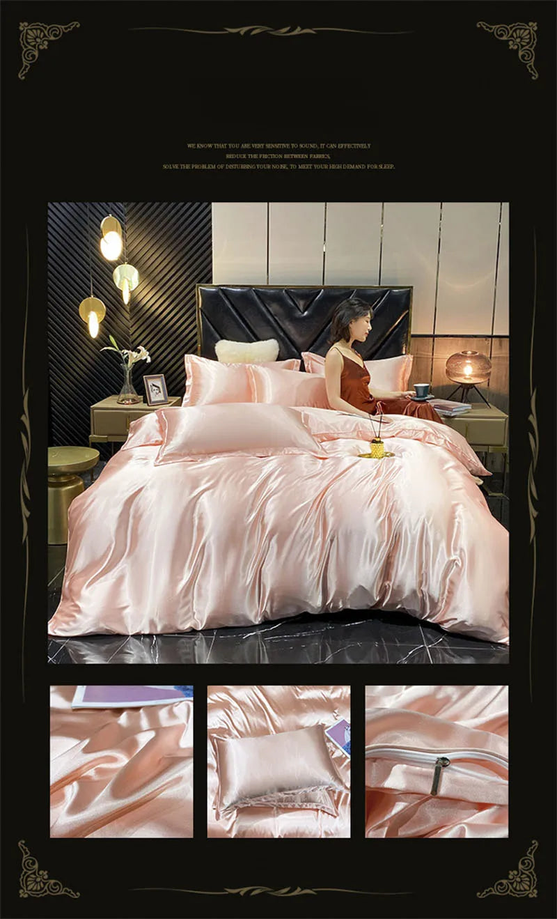 Natural Mulberry Silk Bedding Set | Luxury Satin Duvet Cover & Sheets King Queen