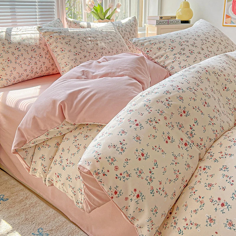 Washed Cotton Korean Floral Duvet Cover | Skin-Friendly Double Yarn Quilt Bedding