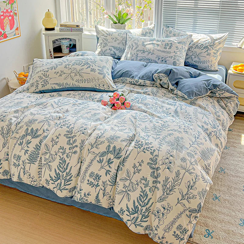 Washed Cotton Korean Floral Duvet Cover | Skin-Friendly Double Yarn Quilt Bedding