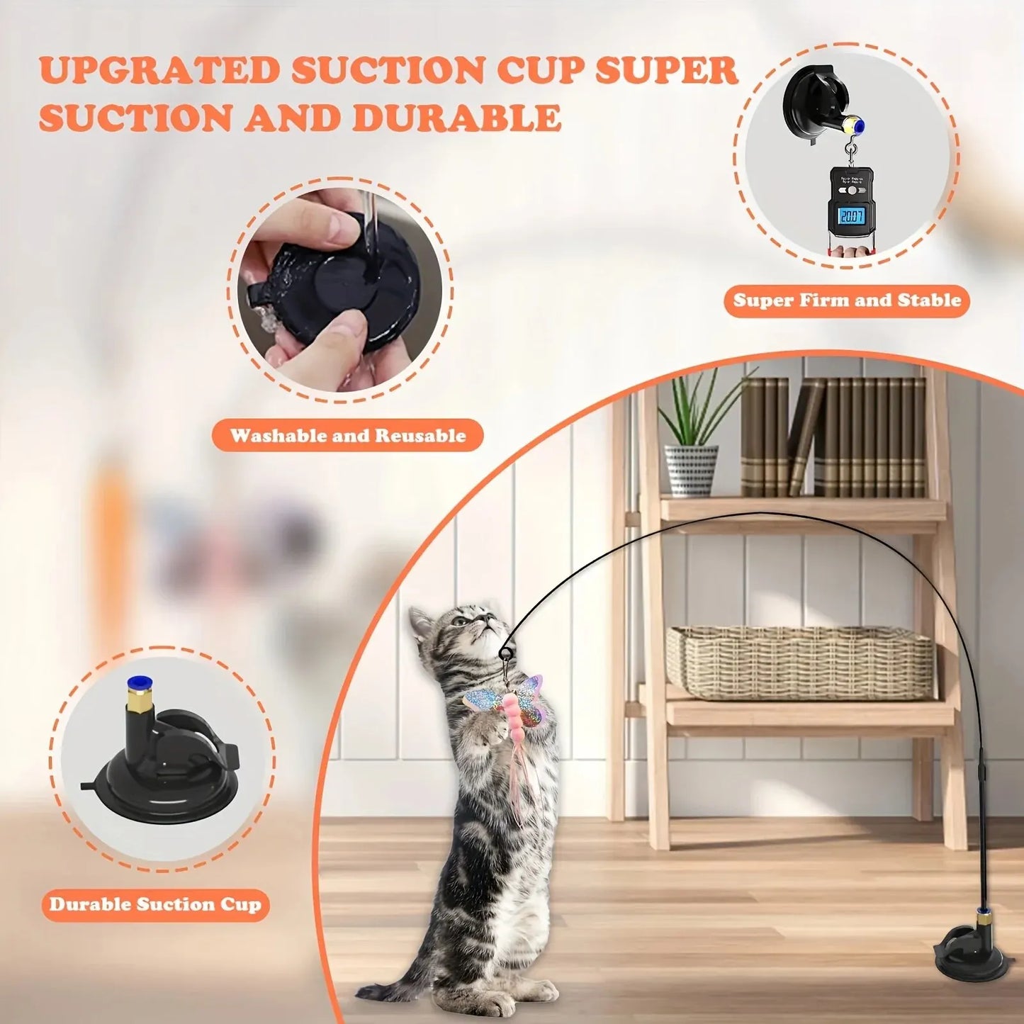 Interactive Cat Feather Wand Teaser | Bell & Suction Cup Pole Toy for Cats