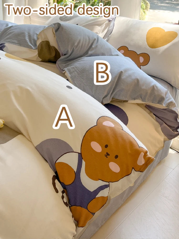 Kawaii Bear Floral Bedding Set | Duvet Cover, Pillowcase & Sheet Full Queen King