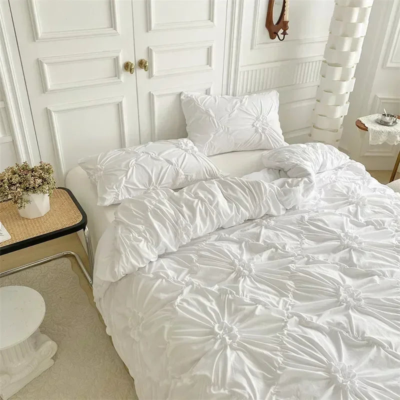 3D Twist Flower Pinch Pleated Bedding Set | Luxury Duvet Cover Queen & Double Size
