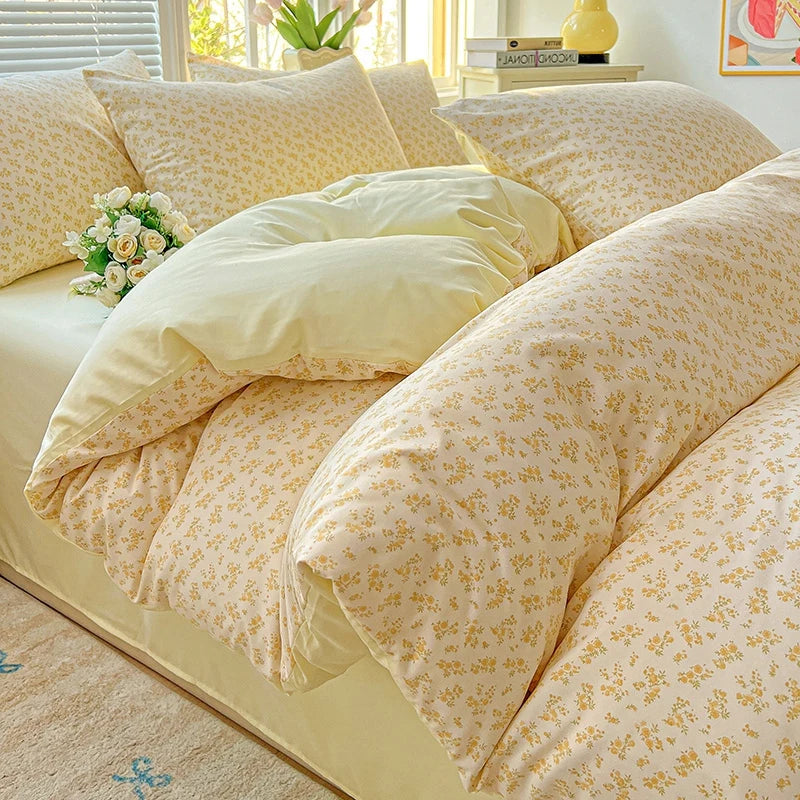 Washed Cotton Korean Floral Duvet Cover | Skin-Friendly Double Yarn Quilt Bedding