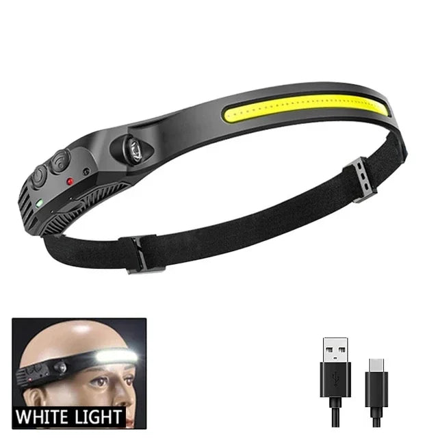 USB Rechargeable LED COB Headlamp | 5-Mode Waterproof Sensor Head Flashlight