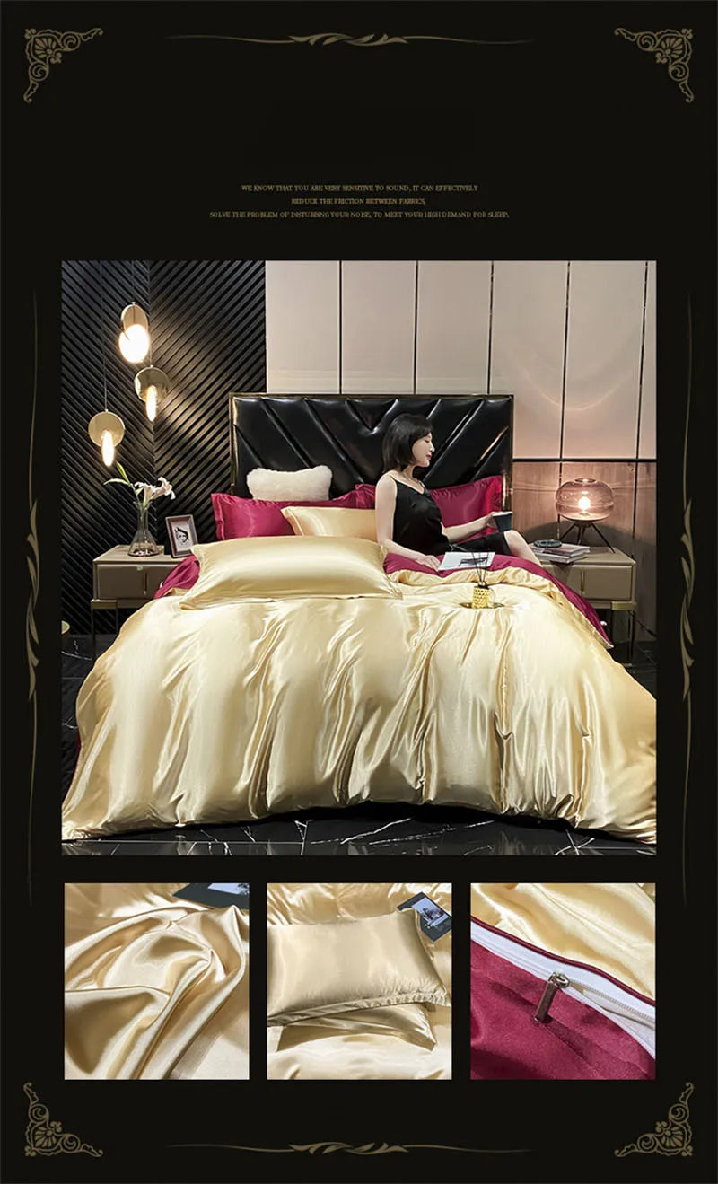 Natural Mulberry Silk Bedding Set | Luxury Satin Duvet Cover & Sheets King Queen