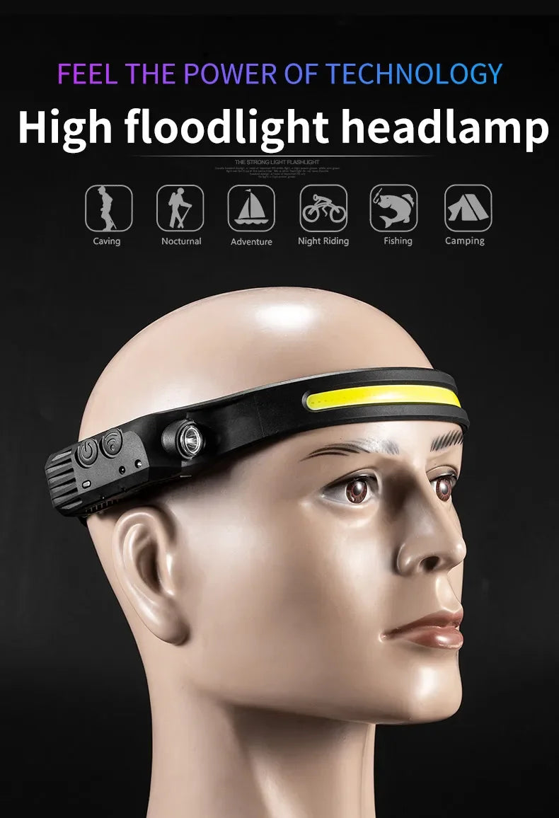 USB Rechargeable LED COB Headlamp | 5-Mode Waterproof Sensor Head Flashlight