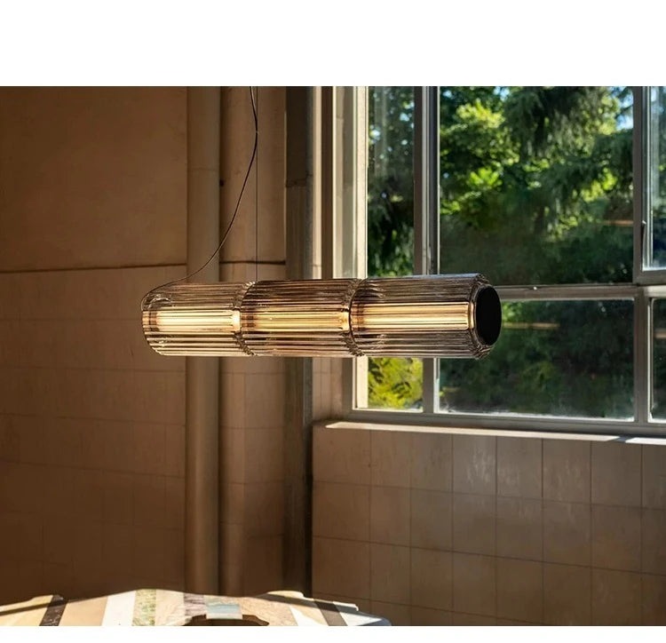 Nordic LED Pendant Light Smoke Gray Glass | Long Stripe Hanging Lamp for Dining Room