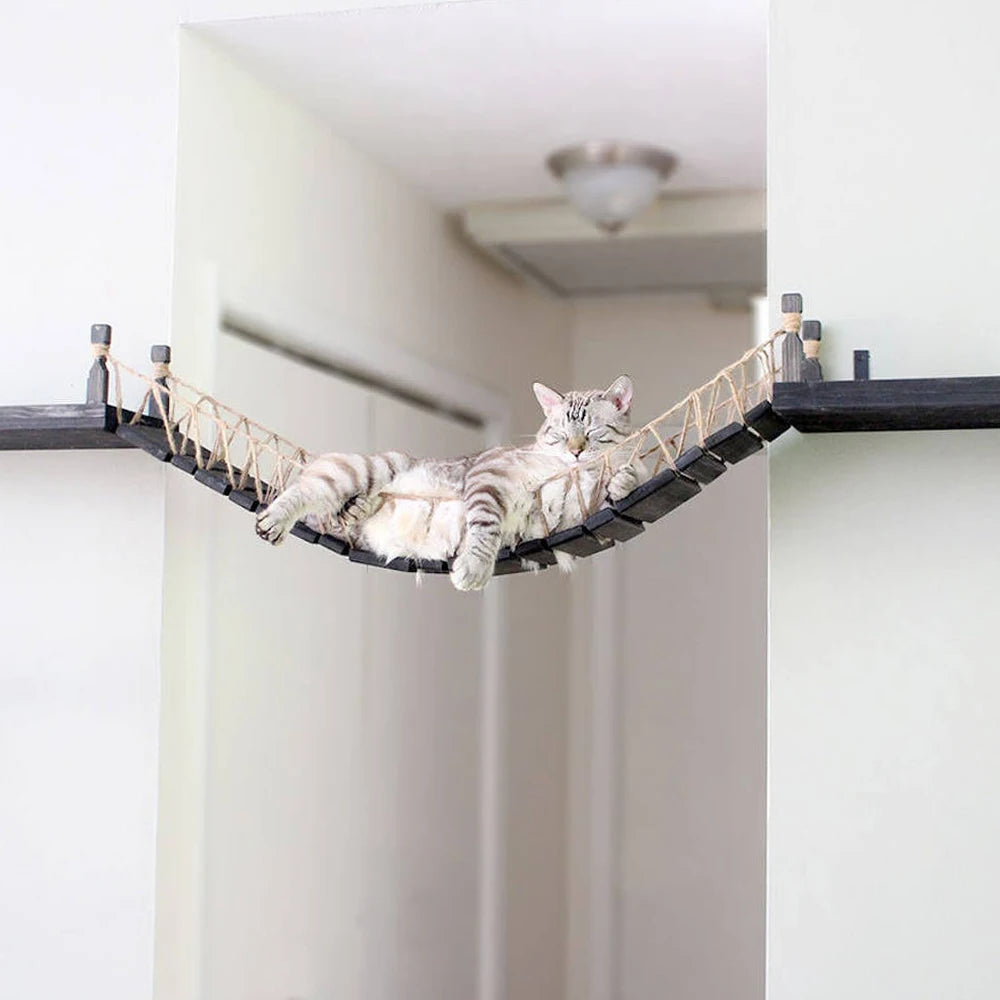 Wall Mounted Wooden Cat Climbing Shelf & Bridge | Safety Net Steps for Cats & Kittens