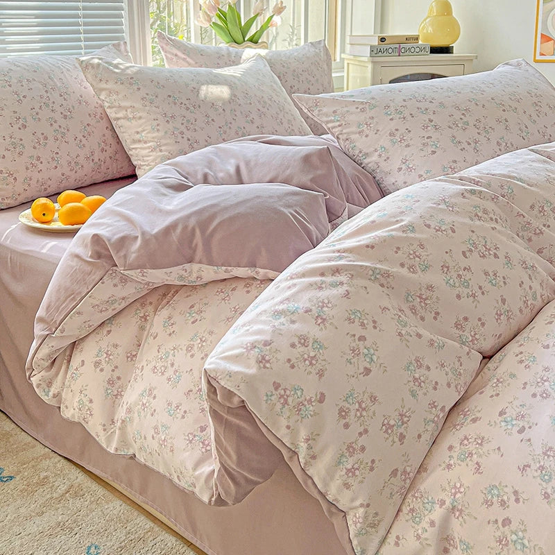 Washed Cotton Korean Floral Duvet Cover | Skin-Friendly Double Yarn Quilt Bedding