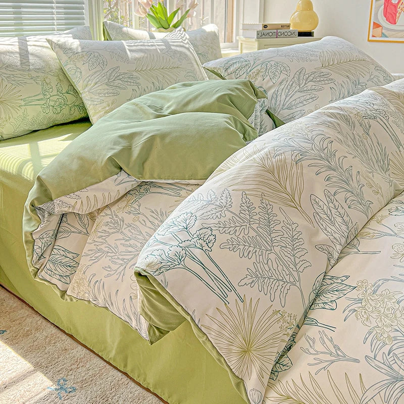 Washed Cotton Korean Floral Duvet Cover | Skin-Friendly Double Yarn Quilt Bedding