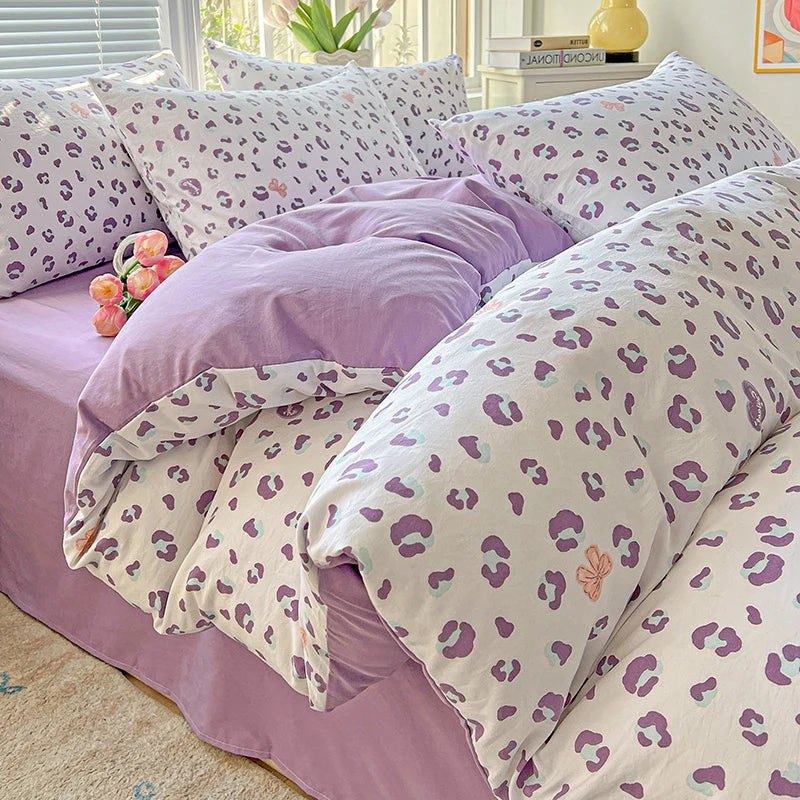 Washed Cotton Korean Floral Duvet Cover | Skin-Friendly Double Yarn Quilt Bedding