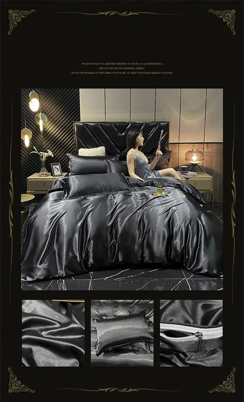 Natural Mulberry Silk Bedding Set | Luxury Satin Duvet Cover & Sheets King Queen