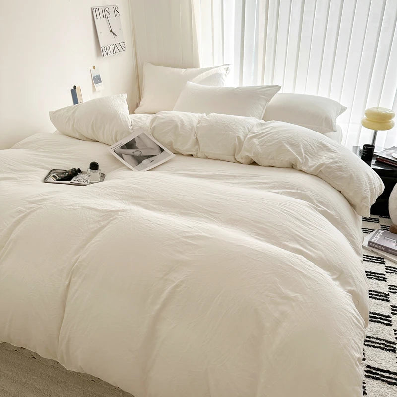 Solid Cotton Bed Linen Bedding Set | Duvet Cover, Sheet & Pillowcase King Queen Twin