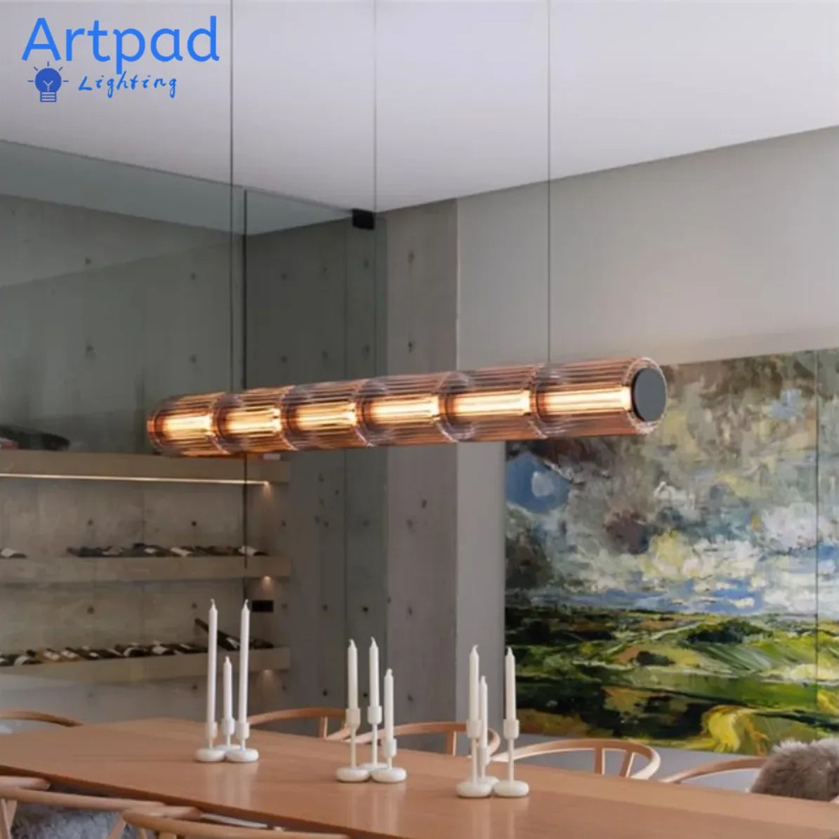 Nordic LED Pendant Light Smoke Gray Glass | Long Stripe Hanging Lamp for Dining Room