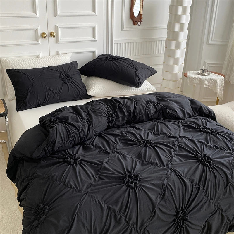 3D Twist Flower Pinch Pleated Bedding Set | Luxury Duvet Cover Queen & Double Size