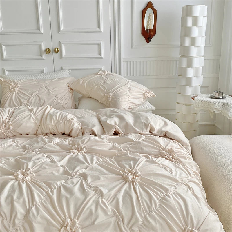 3D Twist Flower Pinch Pleated Bedding Set | Luxury Duvet Cover Queen & Double Size