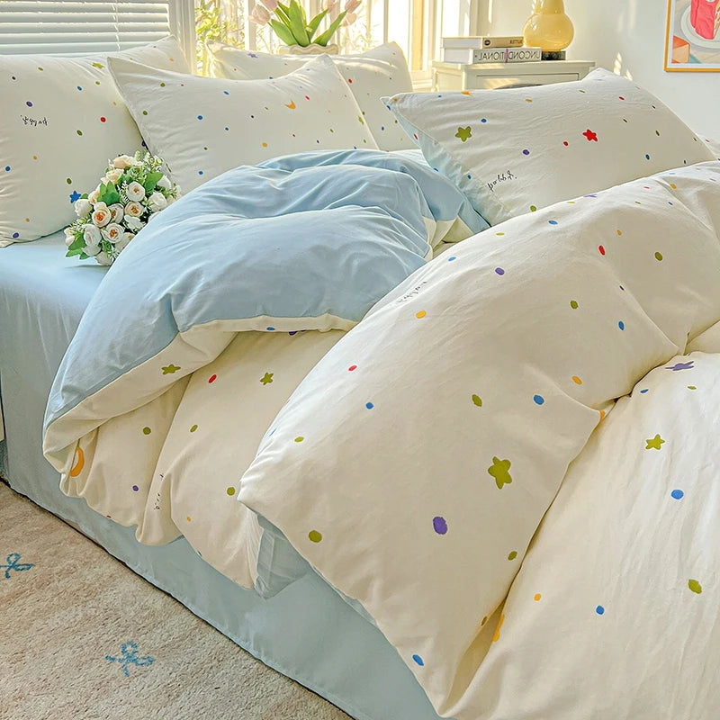 Washed Cotton Korean Floral Duvet Cover | Skin-Friendly Double Yarn Quilt Bedding