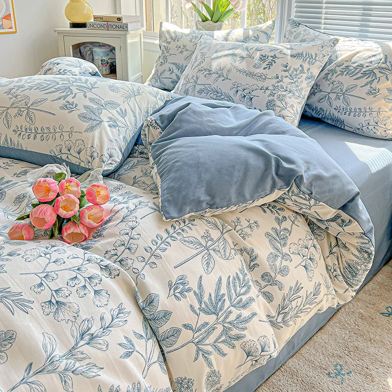 Washed Cotton Korean Floral Duvet Cover | Skin-Friendly Double Yarn Quilt Bedding