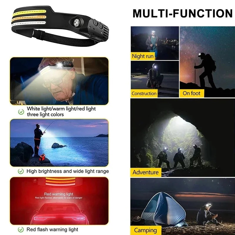 USB Rechargeable LED COB Headlamp | 5-Mode Waterproof Sensor Head Flashlight