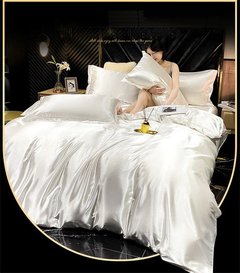 Natural Mulberry Silk Bedding Set | Luxury Satin Duvet Cover & Sheets King Queen