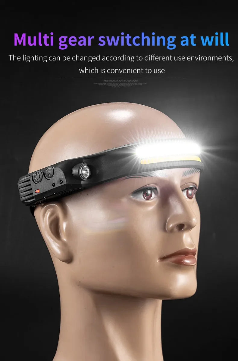 USB Rechargeable LED COB Headlamp | 5-Mode Waterproof Sensor Head Flashlight