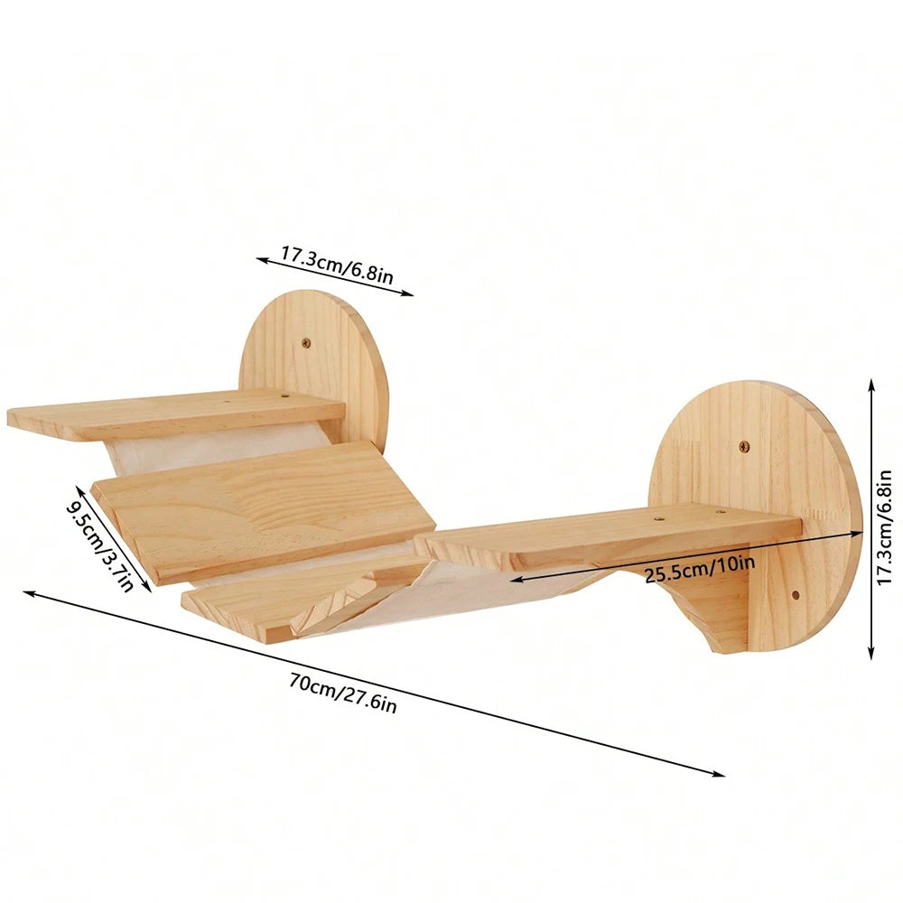 Wall Mounted Wooden Cat Climbing Shelf & Bridge | Safety Net Steps for Cats & Kittens