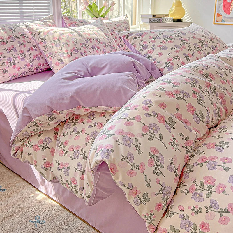 Washed Cotton Korean Floral Duvet Cover | Skin-Friendly Double Yarn Quilt Bedding