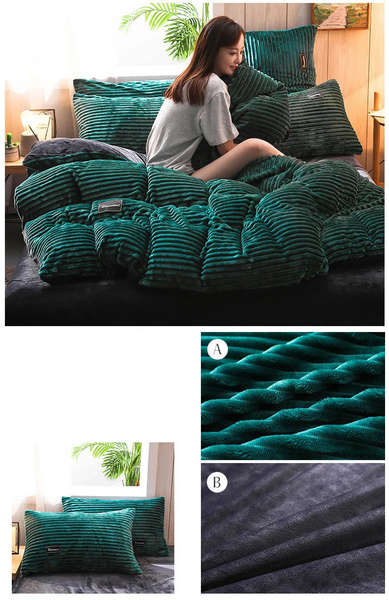 3PCS Winter Coral Fleece Bedding Set | Thick Duvet Cover & Pillowcase King Queen Twin