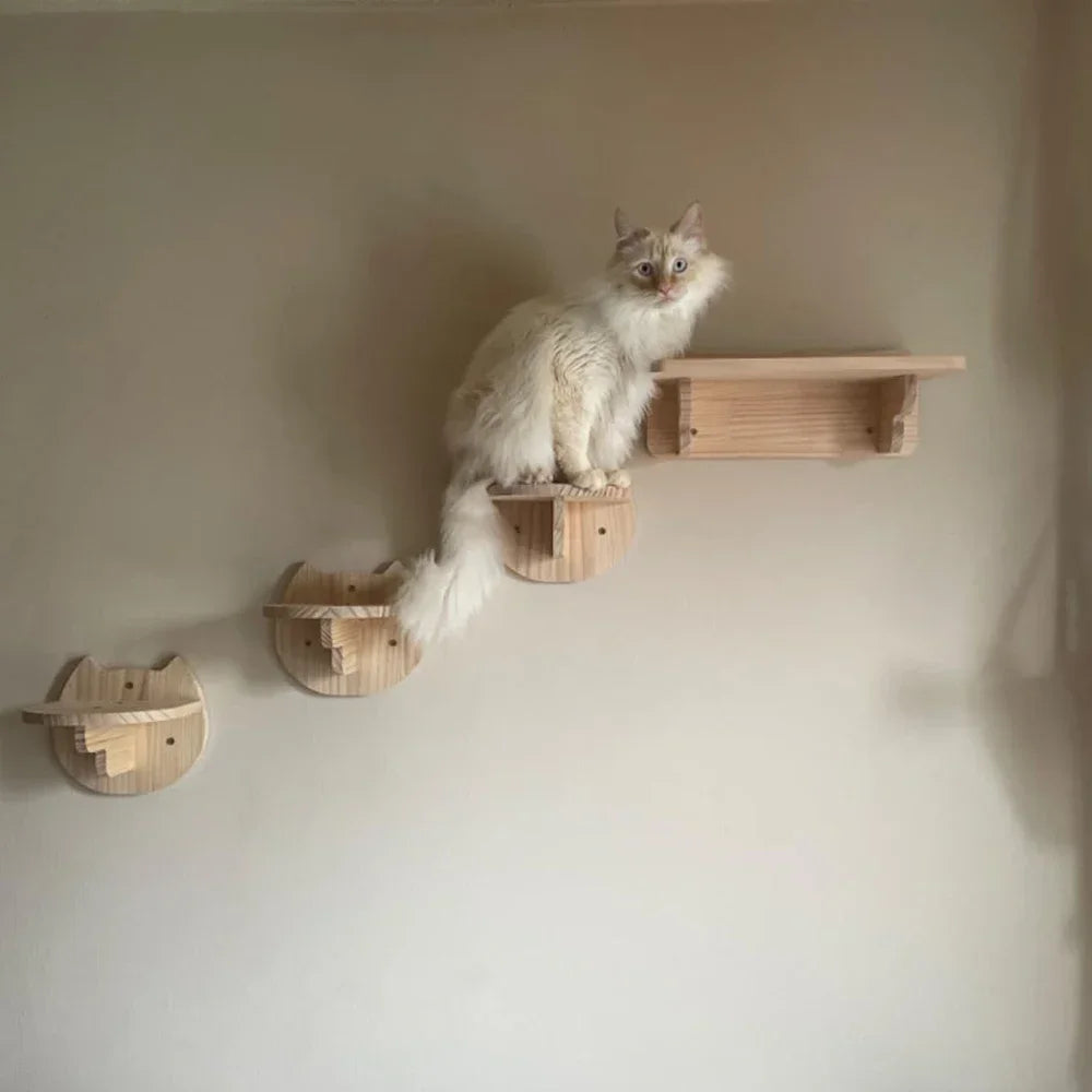 Wall Mounted Wooden Cat Climbing Shelf & Bridge | Safety Net Steps for Cats & Kittens