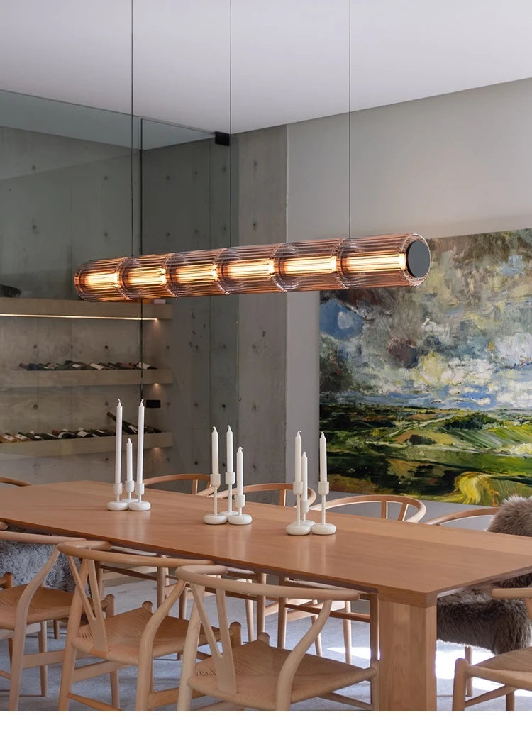 Nordic LED Pendant Light Smoke Gray Glass | Long Stripe Hanging Lamp for Dining Room