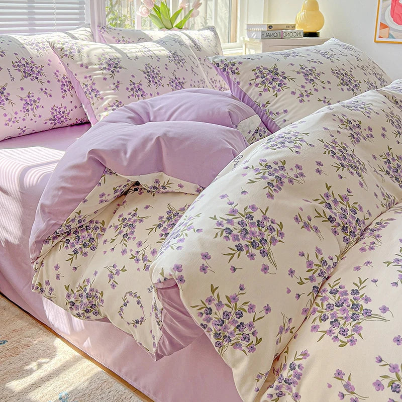 Washed Cotton Korean Floral Duvet Cover | Skin-Friendly Double Yarn Quilt Bedding