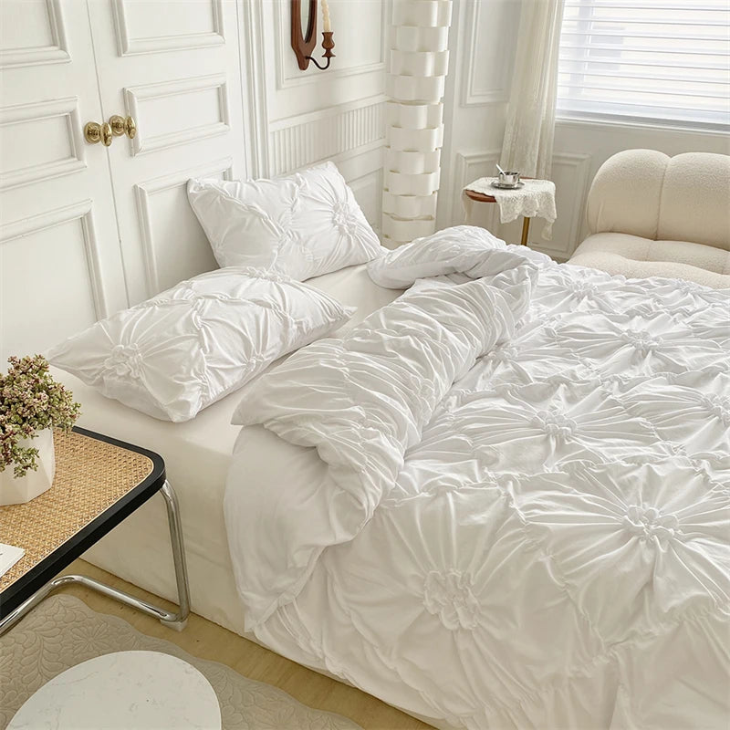 3D Twist Flower Pinch Pleated Bedding Set | Luxury Duvet Cover Queen & Double Size