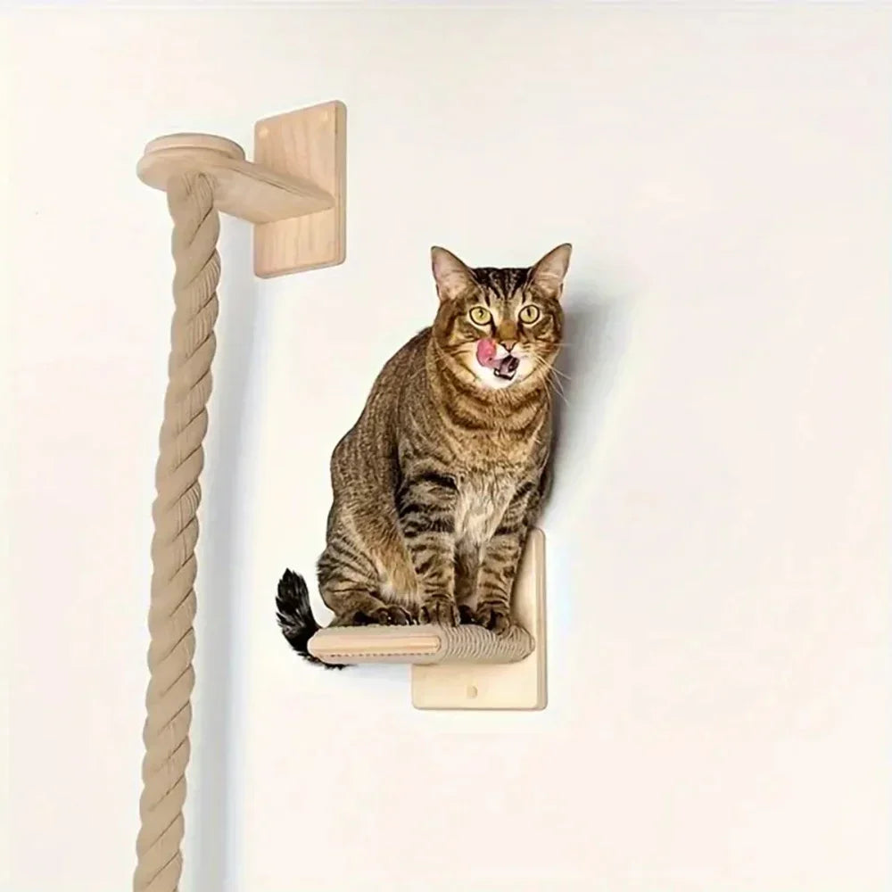 Wall Mounted Wooden Cat Tree Climbing Shelf | Sisal Rope Claw Grinding Indoor Furniture