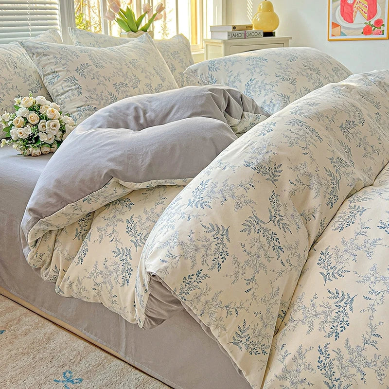 Washed Cotton Korean Floral Duvet Cover | Skin-Friendly Double Yarn Quilt Bedding