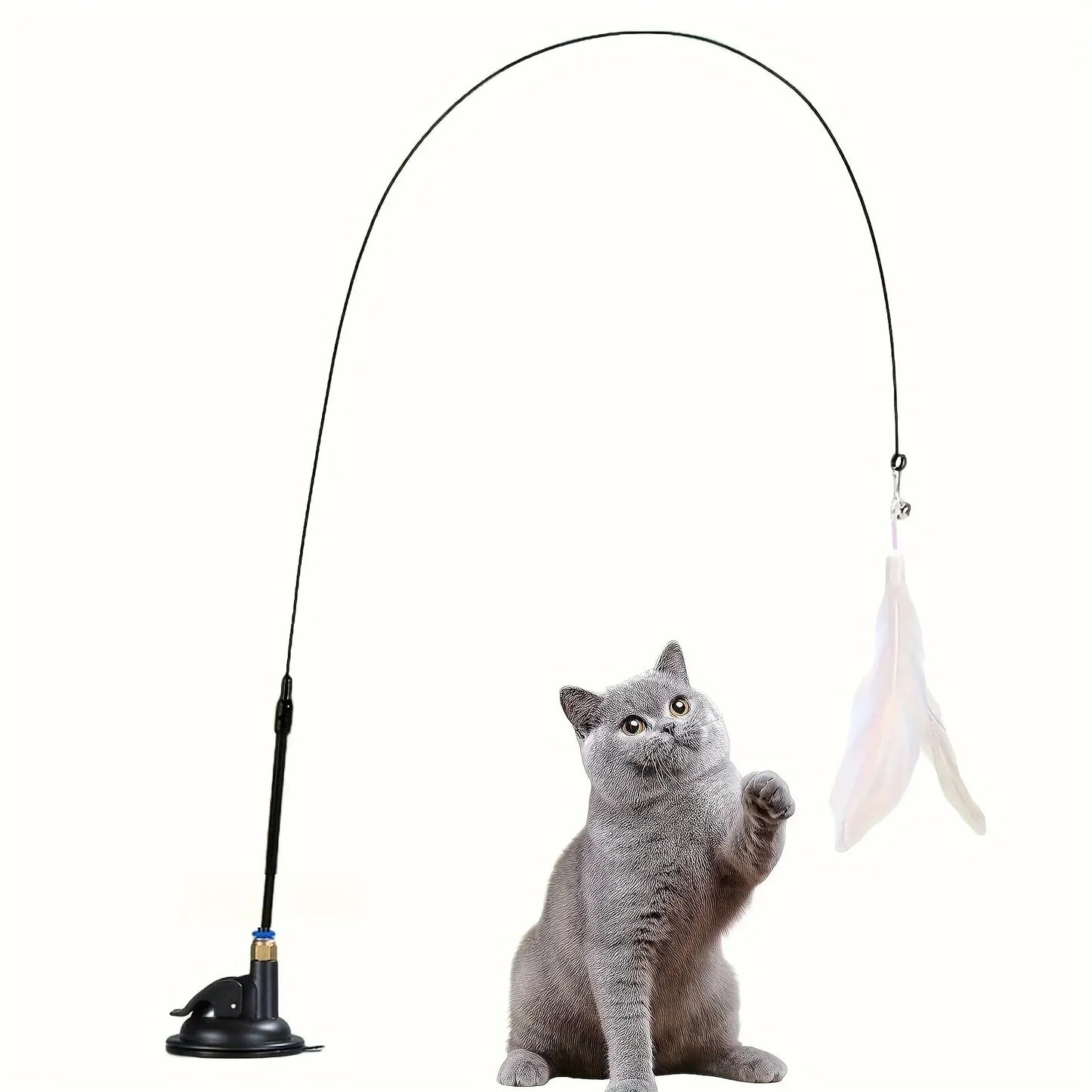 Interactive Cat Feather Wand Teaser | Bell & Suction Cup Pole Toy for Cats