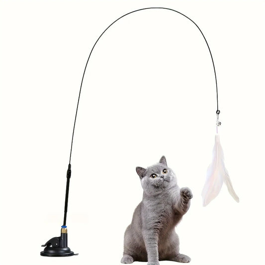 Interactive Cat Feather Wand Teaser | Bell & Suction Cup Pole Toy for Cats
