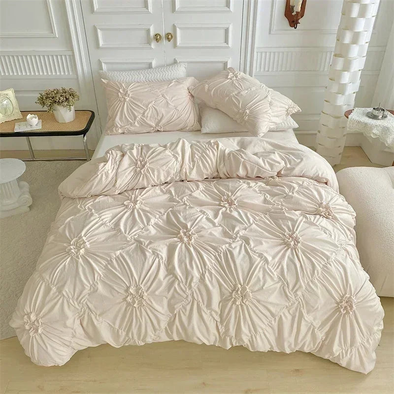 3D Twist Flower Pinch Pleated Bedding Set | Luxury Duvet Cover Queen & Double Size