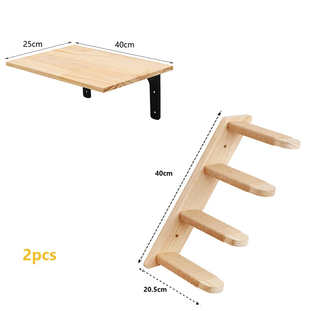Wall Mounted Wooden Cat Climbing Shelf & Bridge | Safety Net Steps for Cats & Kittens