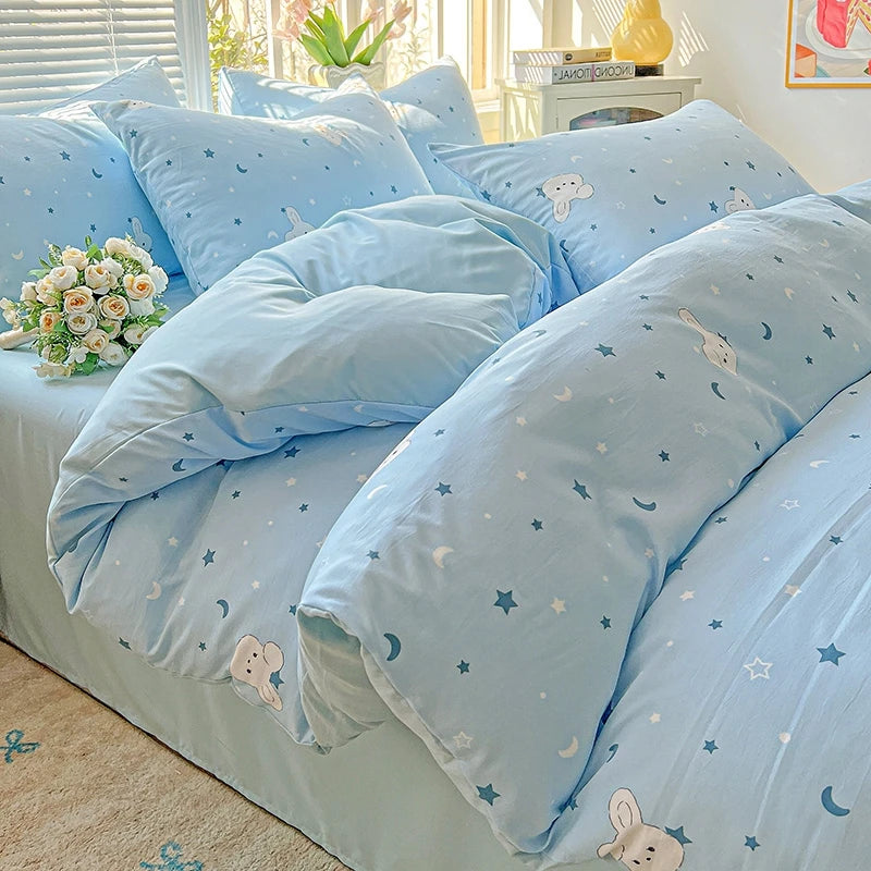 Washed Cotton Korean Floral Duvet Cover | Skin-Friendly Double Yarn Quilt Bedding