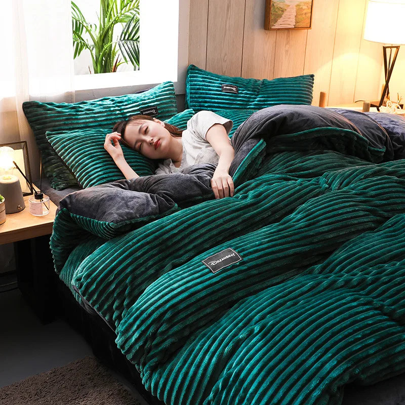 3PCS Winter Coral Fleece Bedding Set | Thick Duvet Cover & Pillowcase King Queen Twin