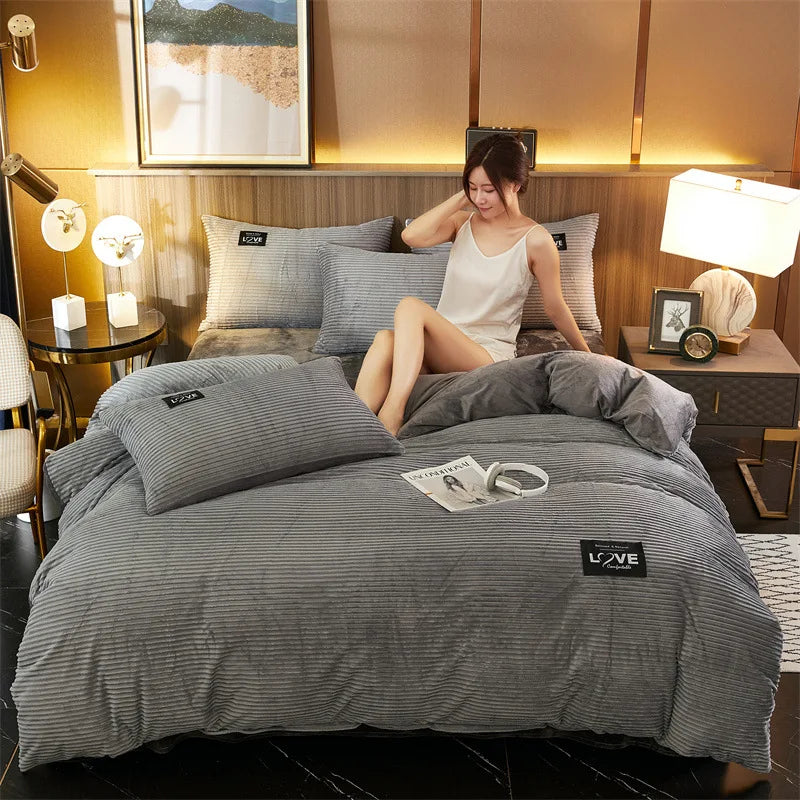 3PCS Winter Coral Fleece Bedding Set | Thick Duvet Cover & Pillowcase King Queen Twin