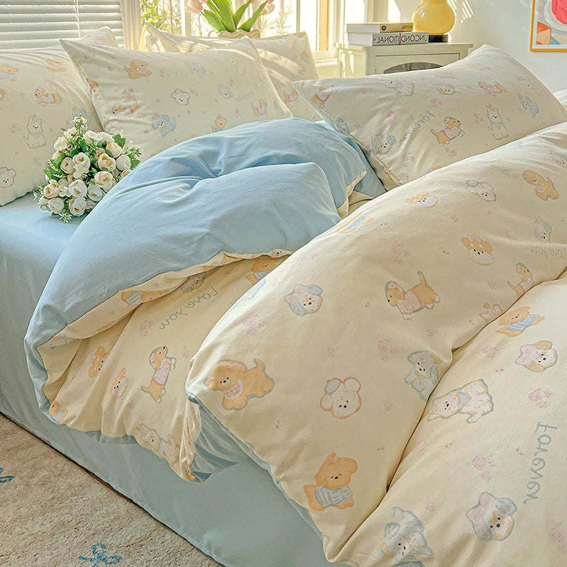 Washed Cotton Korean Floral Duvet Cover | Skin-Friendly Double Yarn Quilt Bedding