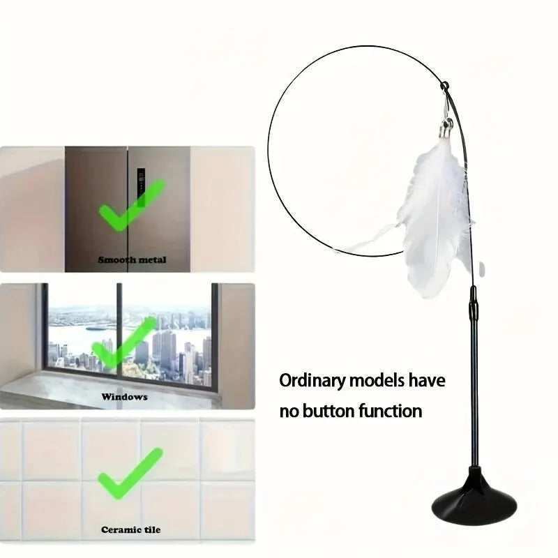 Interactive Cat Feather Wand Teaser | Bell & Suction Cup Pole Toy for Cats