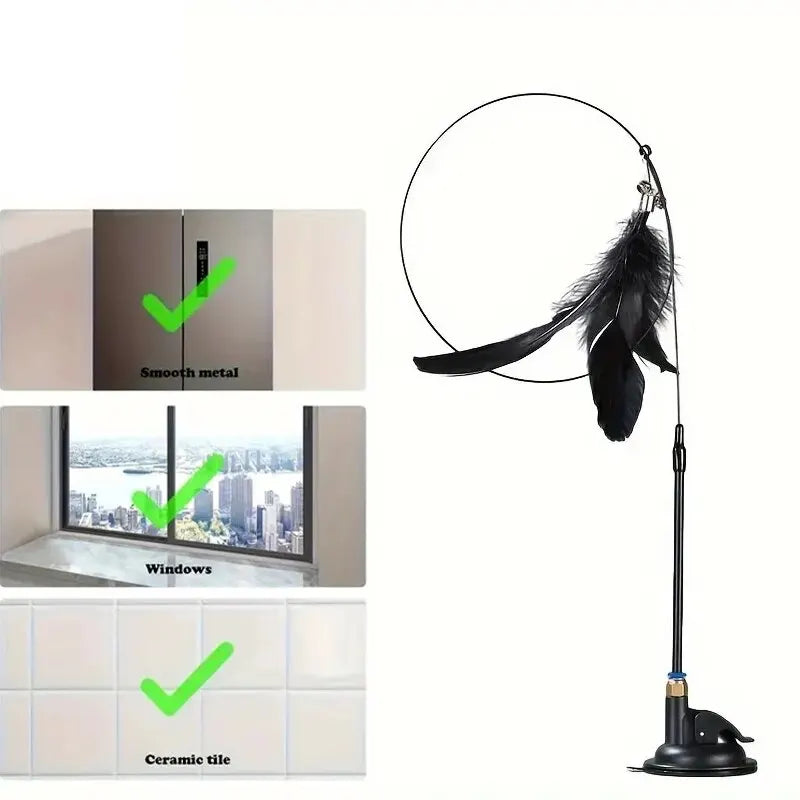 Interactive Cat Feather Wand Teaser | Bell & Suction Cup Pole Toy for Cats
